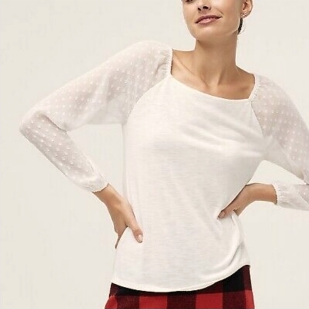 J. Crew Factory Square-neck top with sheer clip-dot sleeves